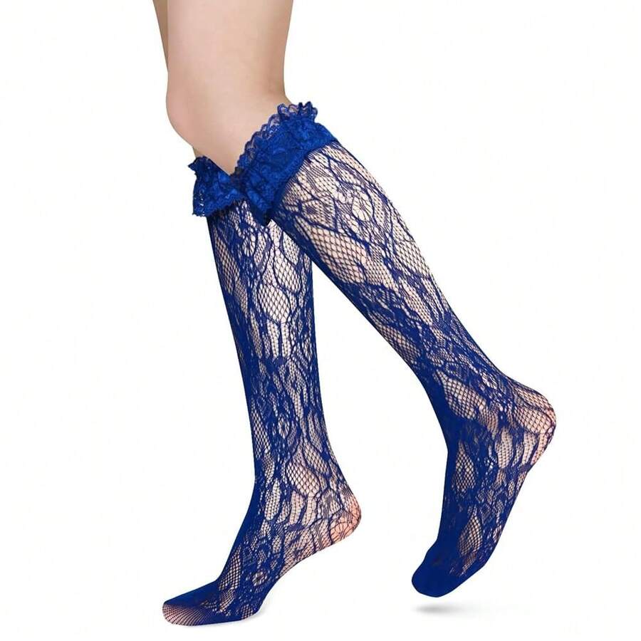 Benefeet Sox Lace Knee High Socks Women Girls Patterned Mesh Fishnet Knee High Stockings Hollow Calf Lolita Sock{"Color_name":"RoyalBlue-LaceRuffleFloralPattern"} - 皇家藍色蕾絲荷葉邊花卉圖案 - 查看 1
