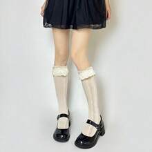 Benefeet Sox Lace Knee High Socks Women Girls Patterned Mesh Fishnet Knee High Stockings Hollow Calf Lolita Sock{"Color_name":"CreamyYellow-LaceRuffleHeart"} - 奶油黃蕾絲荷葉邊心形 - 查看 6