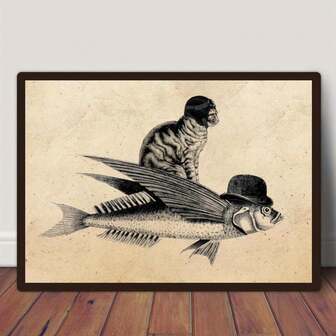 1 pieza Impresión artística en lienzo con pez volador vintage y gato con sombrero de copa, estilo art decó, decoración de pared moderna y retro con tema animal, póster sin marco para dormitorio, sala de estar, oficina - Decoración de pared en lienzo para interiores