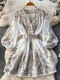 HERTALK Vintage Floral Print V-Neck Bowknot Half Puff Sleeve Short Mini Dress Women's Party Multi-Layer Mini Dress