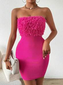 Vestido mini de cóctel sexy rosa sin tirantes y ajustado con detalle de piel sintética para mujer - Rosa Fucsia - Ver 7