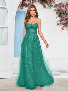 Váy dạ hội ren lưới không dây dành cho nữ, thêu lấp lánh đính đá, váy dạ hội dài chấm đất, dáng chữ A, váy dạ hội đính vải tuyn, corset, có gọng - màu xanh lá - Xem 5