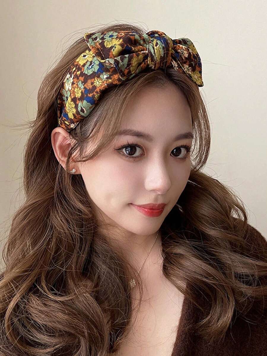 1件波西米亚风彩色花朵蝴蝶结发箍,优雅宽发箍,发带,头饰发箍,家居美发饰品 - 彩色 - 查看 1