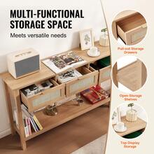 Rattan Console Table With 3 Storage Drawers, Rattan Entryway Table With Natural Rattan Sliding Door, Console Sofa Table For Living Room, Study, Entryway Or TV Wall, Natural - 3 Storage Drawers - 查看 3