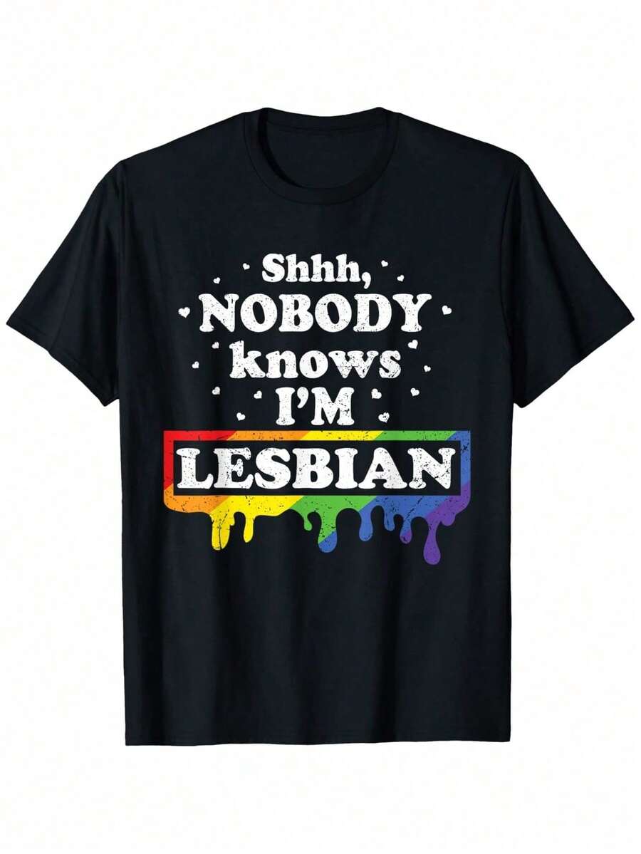 Camiseta del Mes del Orgullo Gay LGBTQ Shhh Nadie Sabe Que Soy Lesbiana 100% Algodón Cuello Redondo Manga Corta - Negro - Ver 1