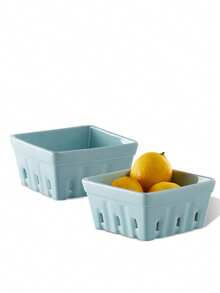 Ceramic Berry Basket Square Fruit Bowls With Holes Berry Bowl Colander Fruit Basket For Kitchen Décor - 5.8" Berry Containers For Fridge, Set Of 2, Blue - Màu xanh nhạt - Xem 9