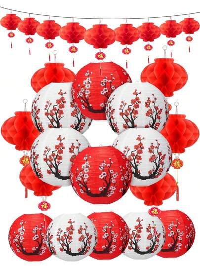 16pcs/Set Chinese New Year Decorations Paper Lanterns,Chinese Red Lanterns For Chinese New Year,Home,Restaurant,Party, Wedding Decorations