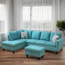 L Shaped Couches For Living Room, Sectional Couch Living Room Furniture With Storage Ottoman, Modular Sectional Sofa With Movable Chaise For Apartment Office, Aqua Blue,25014725 - Màu xanh lam - Xem 1