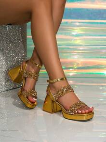 Damskie nowe, kwadratowe czółenka na grubym obcasie, wodoodporna platforma, błyszczące, złote szpilki z kryształkami, eleganckie i seksowne na oficjalne okazje, imprezy, randki, sukienki, Halloween, Boże Narodzenie, Święto Dziękczynienia, Nowy Rok