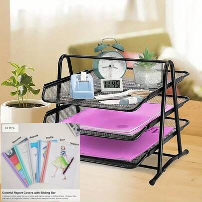 Zestaw zawiera trzypoziomowy organizer na dokumenty z szufladami i 10 przezroczystych segregatorów A4 w różnych kolorach. Wyposażony w klipsy z zapięciem na rzep, kieszenie na dokumenty o grubości 15 mm (mieszczące do 13 stron), organizer na dokumenty, prosty design oraz czarną, żelazną konstrukcję do przechowywania dokumentów w biurze i domu. To oszczędzające miejsce rozwiązanie na biurko, idealne do segregatorów na listy i stojaków. Organizacja dokumentów | Stylowa metalowa rama | Wytrzymała, żelazna konstrukcja