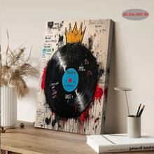  Basquiat-Inspired Graffiti Crowned Vinyl Record Street Art Canvas Painting - Urban Music Wall Decor Poster, Bold Black White Blue Red Abstract Art Print For Living Room, Bedroom, Office, Framed Ready-To-Hang Holiday Gift, Home Decoration, Modern Home Decorators, 2D Flat - 黑與白 - 查看 4