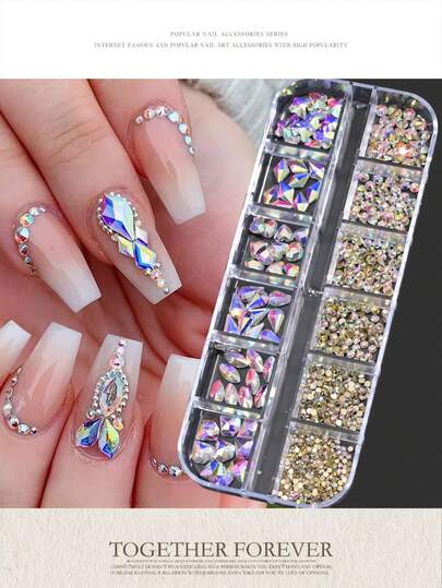 12 grilles Décoration d'art pour ongles 3D Fleur Acrylique Y2K, Perles en acier doré de fleurs colorées de tailles mélangées DIY Charms à ongles floraux mignons Accessoires de bijoux Kawaii, Pierres précieuses pour ongles, Fournitures pour manucure, Accessoires de manucure, Diamants AB plats pour pièces d'ongles Accessoires de manucure mignons