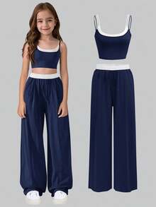 两件套青少年服装，欧美风格吊带背心和长裤，轻薄透气，女童套装