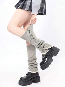 1 par de calentadores de pierna de unicolor versátil con botones, de estilo cálido y acogedor para otoño e invierno, con diseño de punto y botones para mujer - Multicolor - Ver 14