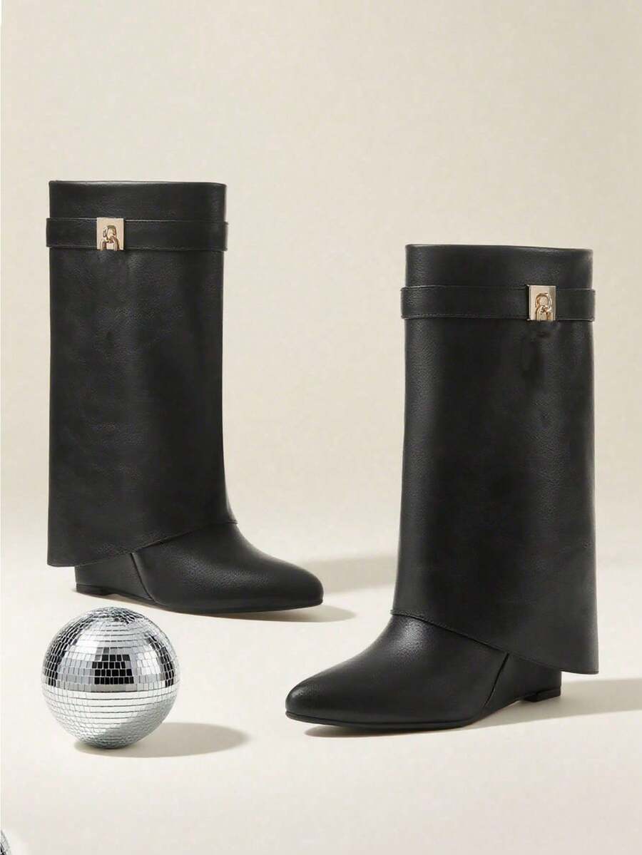 Goth Punk Women Mid Calf Fold Over Boots Chunky High Heel Pointed Toe Cool Fashion Luxury Metal Lock Slouched Shoes Woman - màu đen - Xem 1