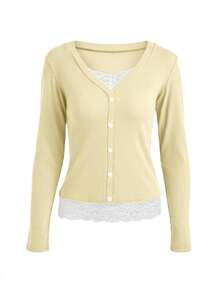 Lace Shirts For Women Paneled Button Henley Long Sleeve Y2k 2000S Grunge Crop Top Fall Tunic Blouse - Màu be - Xem 4