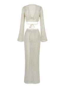 Sexy Knit Swimsuit Cover Up Two Pieces 2025 Women V-Neck Long Sleeve Lace-Up Top Slit Beach Half Skirt Set Holiday Beachwear