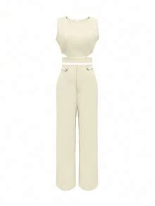 Setelan Dua Potong Wanita Musim Panas Tipis Modis Kasual Slim Fit Elegan Warna Polos dengan Kancing Dekoratif, Bahan Tenun Sederhana Tidak Melar Slim Fit dengan Resleting Ringan untuk Musim Semi/Panas - Aprikot - View 5