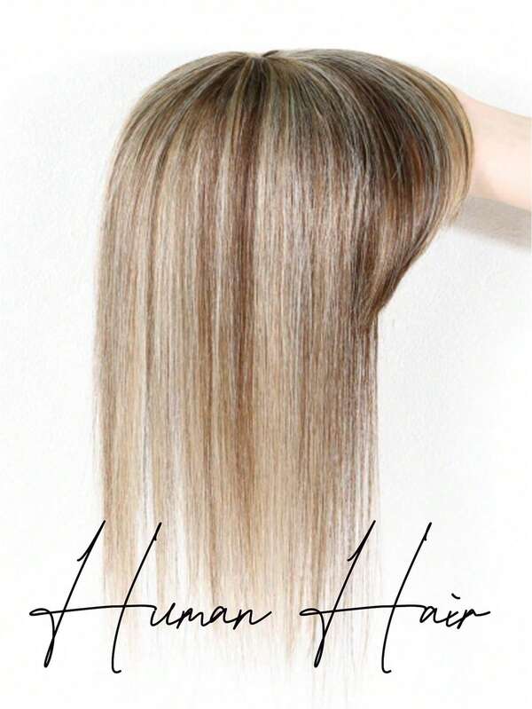 Real Human Hair Toppers With Bangs Silk Base 3Clip Pieces Ombre Brown&Blonde Straight Human Topper Hairs For Women Daily Wear #4p613