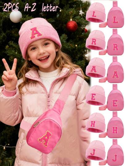 2pcs/Set Baby 26 Letter Pattern Knitted Hat,Bag Set, Windproof Warm Cute Hats For Girls, Suitable For Autumn And Winter Outdoor, Fashionable Matching, Can Be Used As Birthday Gift