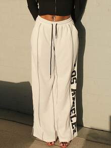Steph T Pantalones deportivos de pierna ancha con gráficos y ribetes de contraste para uso diario, streetwear y días de juego para mujer - Blanco - Ver 6