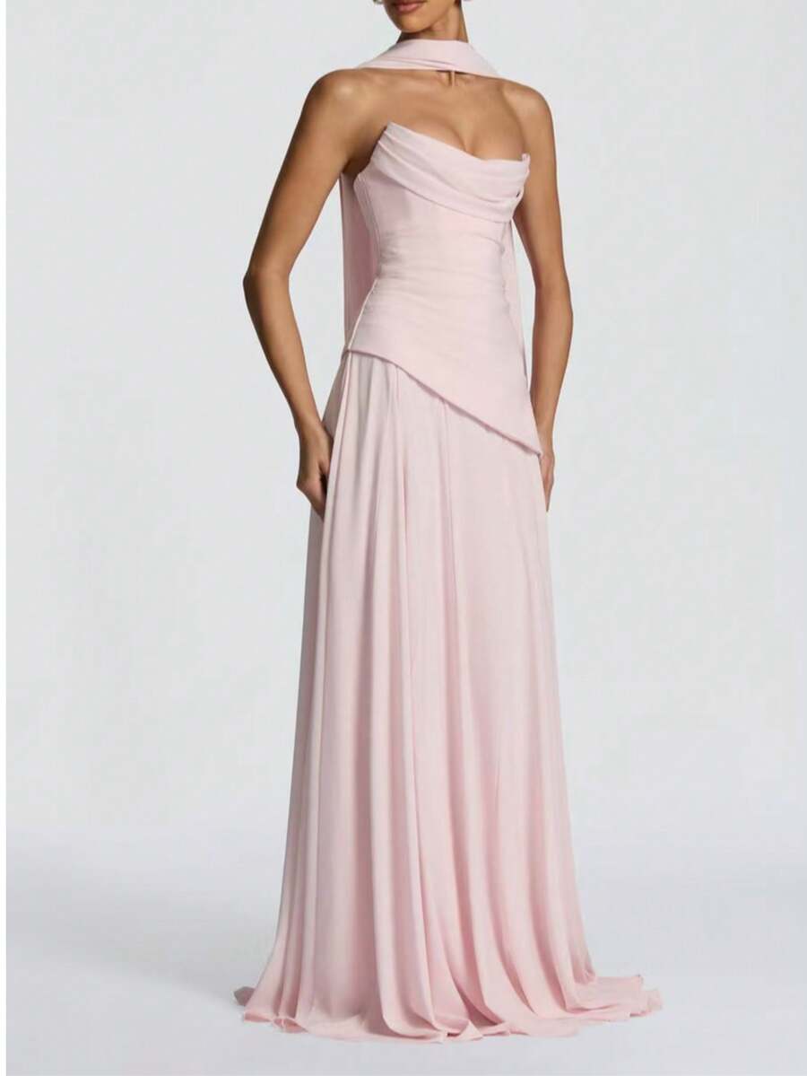 UNITHORSE Elegant Solid Color Asymmetric/Asymmetrical Zipper Wedding Dress - Pink - View 1