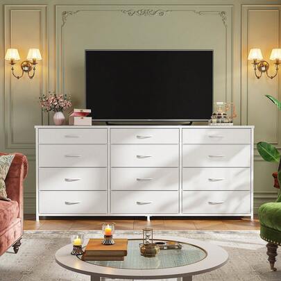 EnHomee 55" Dresser With 12 Fabric Drawers & Solid Wood Top, TV Stand For Up To 60" TV, Rustic Brown Storage Organizer With Metal Frame For Bedroom & Living Room, White