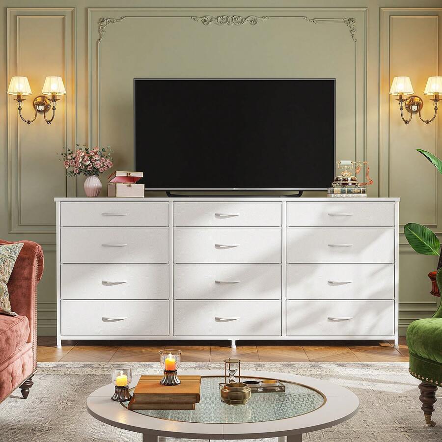 55" Long Dresser With 3 Small And 9 Large Fabric Drawers & Solid Wood Top, TV Stand For Up To 60" TV, Rustic Brown Storage Organizer With Metal Frame For Bedroom & Living Room, Rust Brown, White - trắng - Xem 1