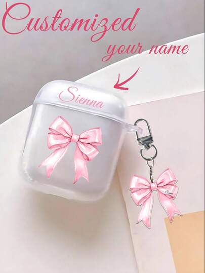 1pc Customized Earphone Case + 1pc Customized Keychain, Personalized With Name, Pink Cute Bow Design, Fashionable Personalized TPU Soft Earphone Case, Unisex Lovely Text Design, DIY Anniversary, Compatible With Apple Earphone Case 1/2/3/4/Pro/Pro2, Fashionable, Colorful, Minimalist, Kawaii, Customized, Personalized