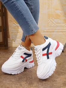 New Women White & Color Block Chunky Sneakers, Comfortable Fashion Versatile Leather Platform Lace-Up Casual Sports Shoes
