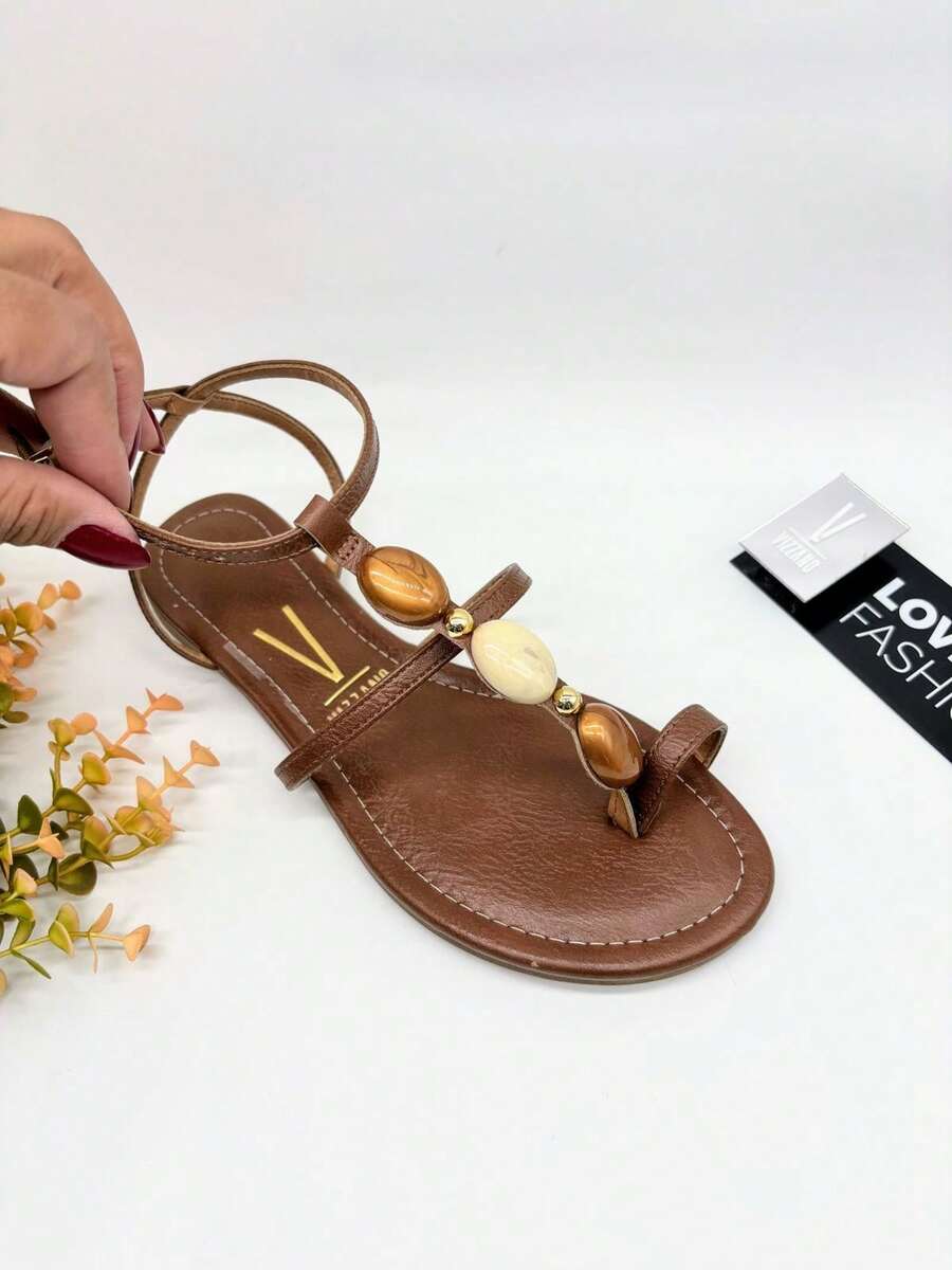 Vizzano Women's Flat Sandal Elegant Design Comfortable Versatile Everyday Delicate Straps Stone Adornment - Cà phê Mocha - Xem 1