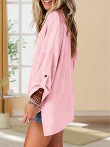 Plus Size Women's Solid Color Pocket Loose V-Neck T-Shirt - Pink - View 4