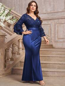 Plus V Neck Sequin Floral Lace Contrast Satin Ruffle Sleeve Mermaid Hem Formal Party Long Dress, Valentine's Day Dress, Elegant Formal Prom Wedding Guest Gown, For Graduation, Dinner, Homecoming