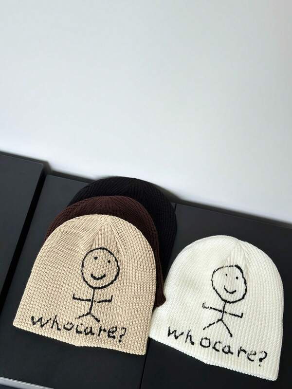 1 Stück lässige Straßen-Graffiti "Who Cares" Englisch Buchstaben Strick Beanie Mütze, warm für Herren & Damen, Herbst/Winter