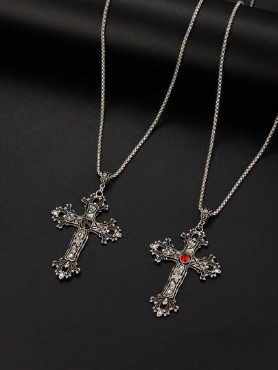 1 Pc Gothic Cross Necklace For Women & Men - Silver-Tone Pendant With Glass Stone, 25" Steel Chain, Large Y2K Goth Jewelry, Halloween/Everyday Wear