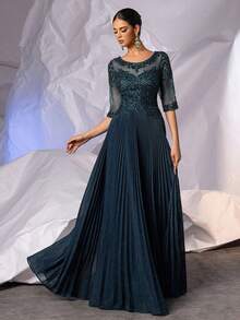 闪亮半袖褶裥正式礼服，适合婚礼宾客；A字长款精致蕾丝晚礼服，饰有亮片手工串珠贴花；优雅新娘母亲礼服；伴娘礼服；女士正式晚礼服；后背拉链 - 藏蓝色 - 查看 8