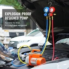 1/4 HP 4.5 CFM AC Bomba de vacío y juego de manómetros, paleta rotativa de una sola etapa HVAC Bomba de vacío de aire A/C Juego de refrigerante Juego de manómetros, con bolsa de transporte de manguera de tres colores, aplicable a R134a, R410a - 1/4 HP 4,5 CFM - Ver 2