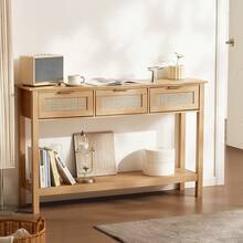 Rattan Console Table With 3 Storage Drawers, Rattan Entryway Table With Natural Rattan Sliding Door, Console Sofa Table For Living Room, Study, Entryway Or TV Wall, Natural - 3 Storage Drawers - 查看 1