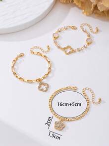 Set de 3 piezas de pulsera con colgante de trébol hueco de lujo con rhinestones, joyería elegante para mujeres