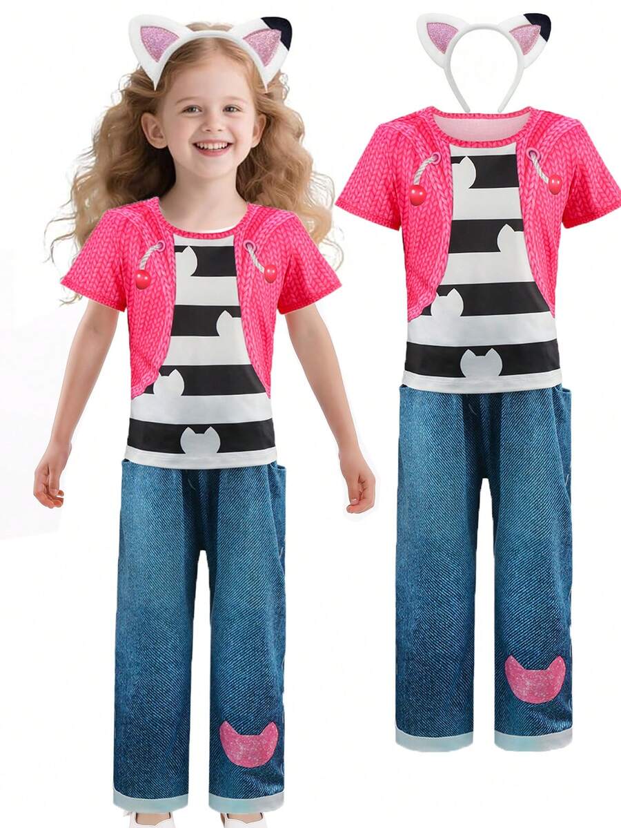 Cartoon Anime Costume Stage Performance Birthday Party Evening Clothing Top Pants Headband Sets - Hot Pink - View 1