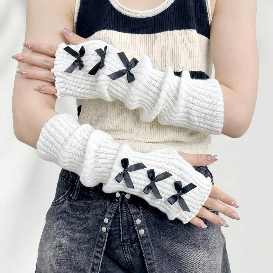 Handmade Bowknot Half-Finger Gloves For Women, Knitted Woolen Gloves, Fashionable Ballet Style Arm Warmers With Ribbon, Suitable For Autumn And Winter - Nơ ruy băng màu kem - Xem 1