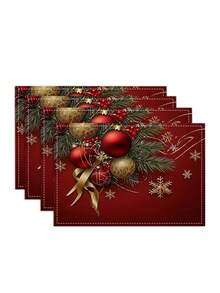 1/4/6/8/12 Stücke, Weihnachten 12.6x16.54 Inch Tischsets für Feiertage, festliches Leinen Tischset, Weihnachtsholunder & rote Kugeln mit goldenem Schleifenaufdruck, rechteckige Tischsets für Innen- & Außenbereich, leicht zu reinigen & aufzubewahren, nur Handwäsche