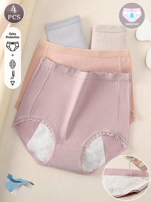 4 piezas Pantalones fisiológicos de cintura alta con paquete abdominal, bragas menstruales de algodón transpirables con encaje en el borde, pantalones de antifugas para damas