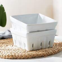 Ceramic Berry Basket Square Fruit Bowls With Holes Berry Bowl Colander Fruit Basket For Kitchen Décor - 5.8" Berry Containers For Fridge, Set Of 2, White - 白色 - 查看 7