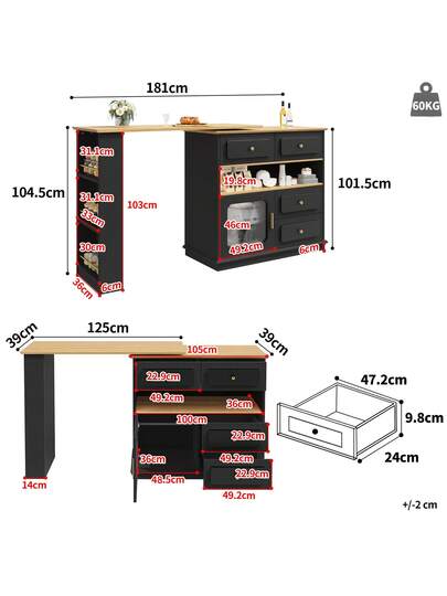 Moderne Bar Tafel Extendable, Rotatable 360 Degrees, Shelves Drawers, High Kitchen Isl Sideboard Cabinet Glass, Dining Room Living view 4