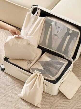 1/10pcs Travel Organizer Set - Foldable Luggage Packing Cubes, Large Capacity Waterproof Compression Bags, Portable Zipper Sealed Storage Bags, Including: Garment Bag, Shoe Bag, Drawstring Bag, Cosmetic Bag, Underwear Bag, Makeup Bag, Organizer Bags. Convenient For Storing Clothes, Sanitary Napkins, Lipstick, Makeup Brushes, Eyeshadow, Eyeliner, Lip Gloss, Skincare, Toothbrush, Brush, Cup, Soap, Shampoo, Comb, Watch, Phone, Necklace, Jewelry, Digital Products.