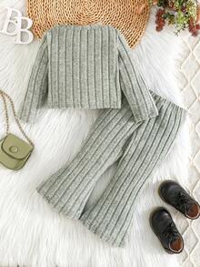 2 件套女婴休闲长袖上衣和时尚喇叭裤套装，春秋季 - 綠色 - 查看 2