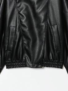 Women's Solid Color Faux Leather Long Sleeve Jacket, Autumn/Winter Black Spring - Black - View 7