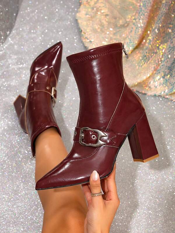 2025 New Autumn/Winter Fashion Burgundy Short Boots For Women, European And American Style, High Heel, Fleece Lining, Chunky Heel, Pointed Toe, Back Zipper, Dress Boots