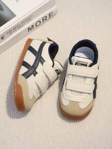 1 Pair Toddler/Kids' Casual Sneakers, Beige Color, Breathable Mesh & Soft Leather Patchwork, Classic Dual Hook And Loop Design, Round Toe, Flat Non-Slip Sole, Fashionable & Cute, Suitable For Boys & Girls, Daily, Travel, Walking, Autumn/Winter New - Beige - View 3
